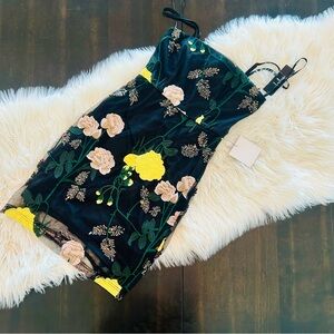 NWTs Lulu’s XS Black Body con Sequined Dress with Yellow and Green Embroidery